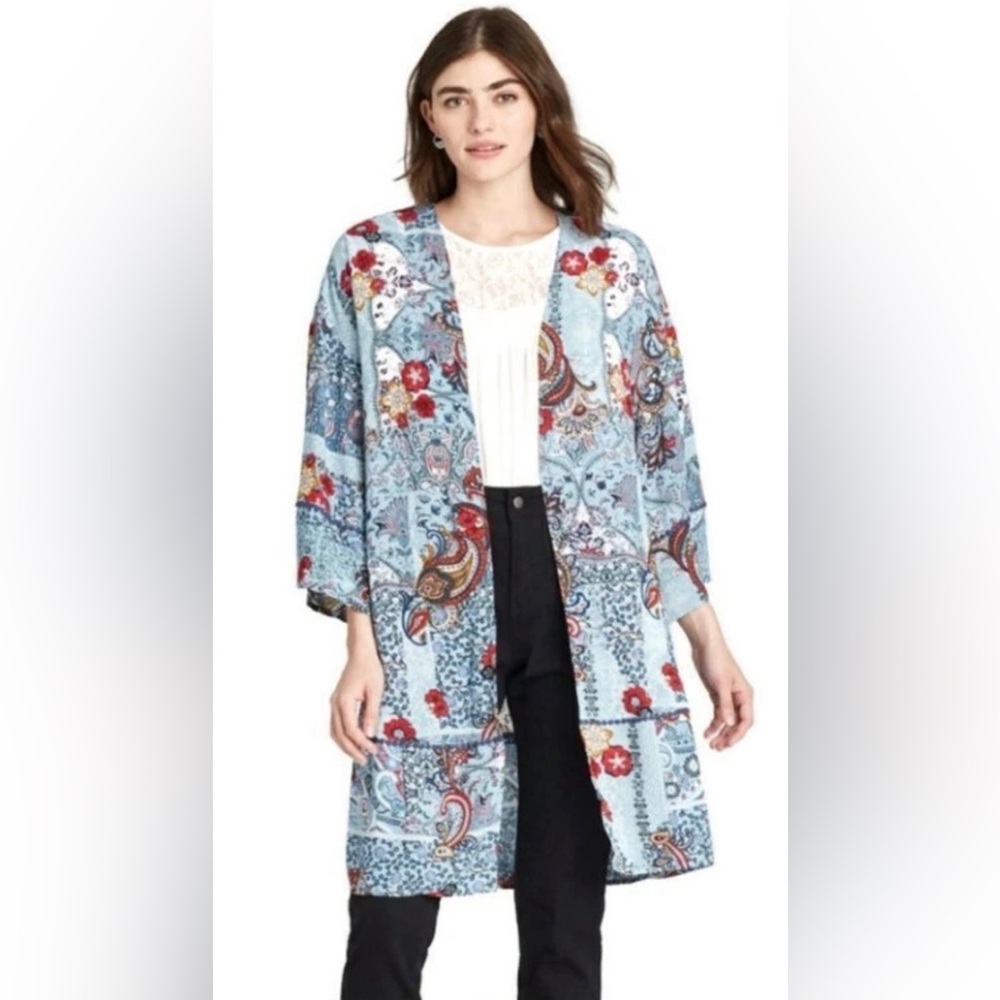 Knox Rose Multicolor Bohemian Blue and Paisley Floral Kimono Cardigan size M